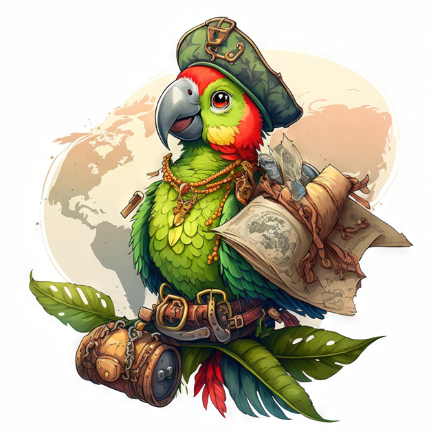 a parrot with a pirate hat and a book on a branch with leaves a B is for Belonging at Belmont Day logo art